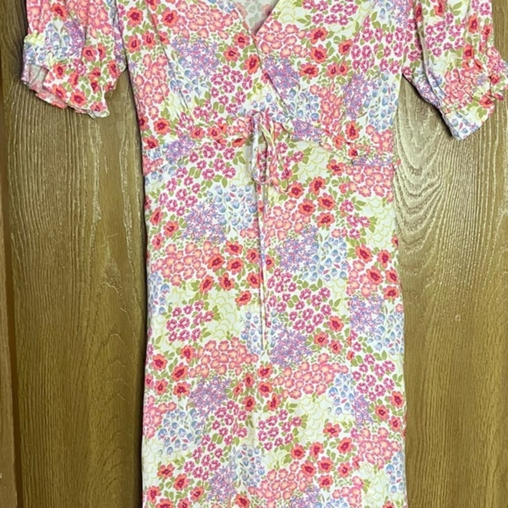 SO Pink and Yellow Puff Sleeve Midi Sundress